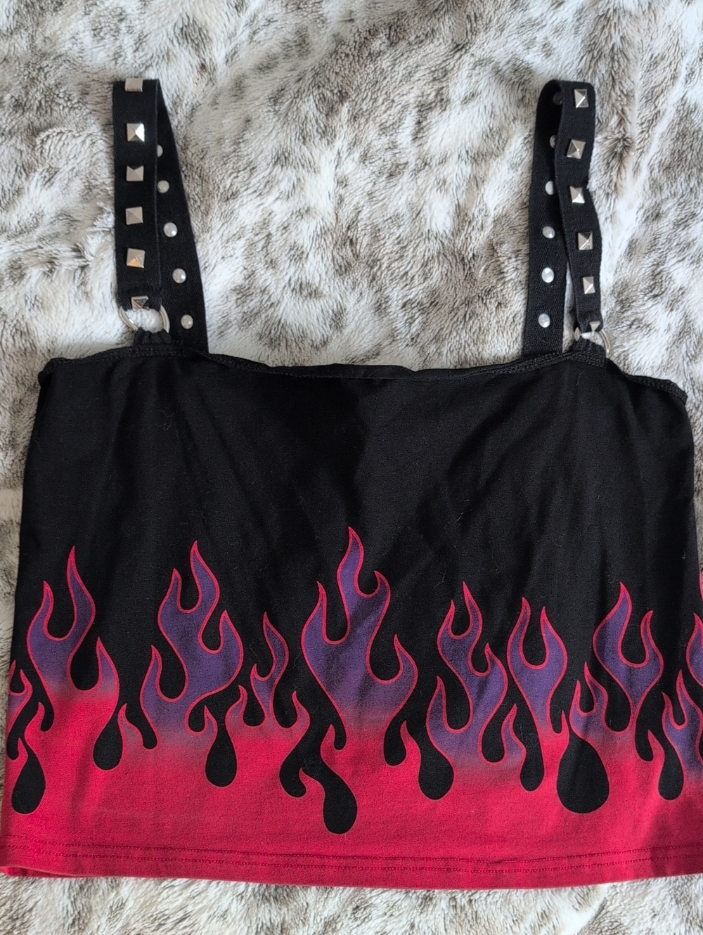 Black Flame Print Stud-Strap Crop Top